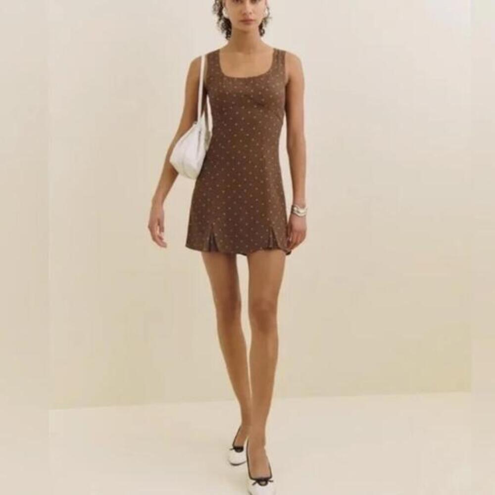 Reformation Devon Lee Carlson Brown Pink Polka Dot Mini Dress Cher Size 0